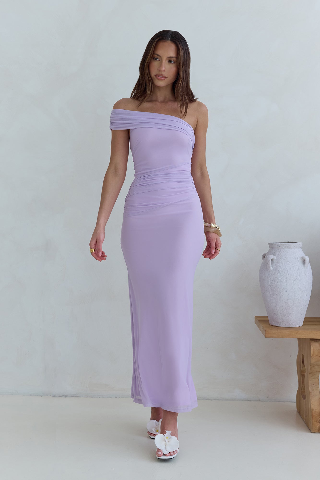 Dahlia One Shoulder Mesh Maxi Dress Lilac