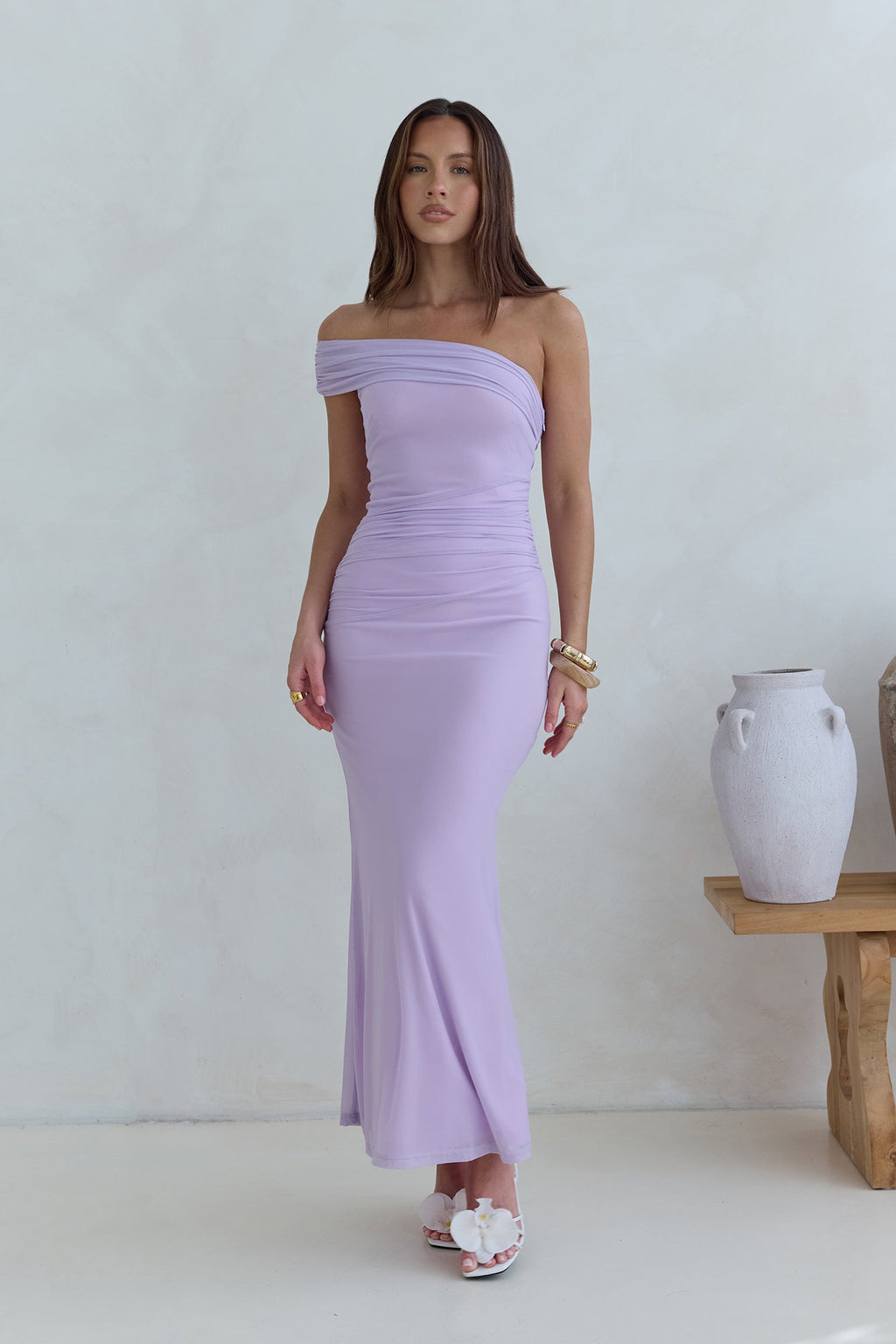 Dahlia One Shoulder Mesh Maxi Dress Lilac