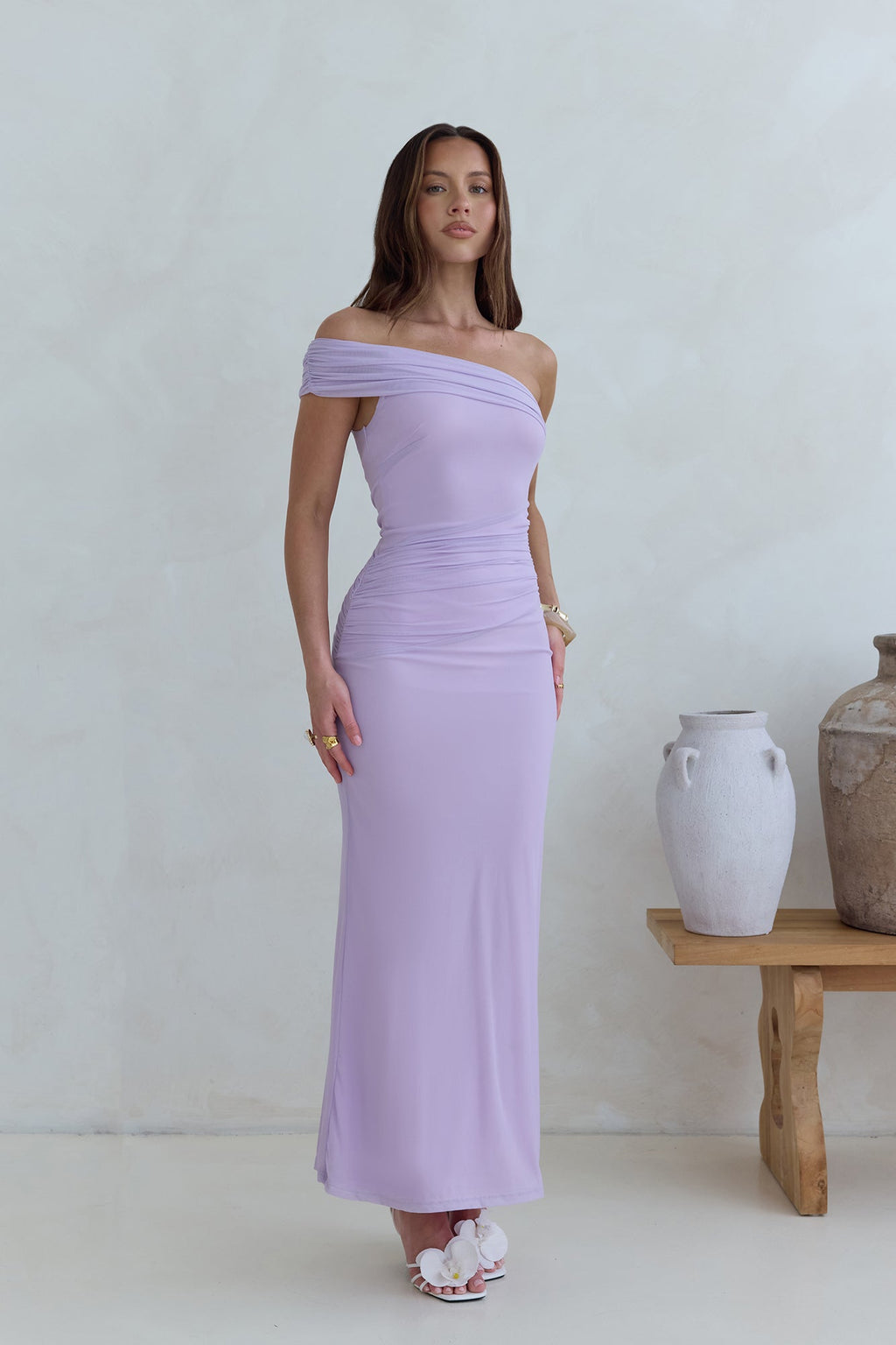 Dahlia One Shoulder Mesh Maxi Dress Lilac