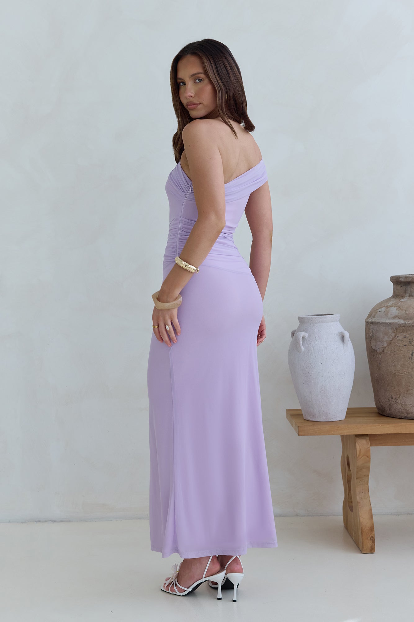 Dahlia One Shoulder Mesh Maxi Dress Lilac