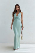 Destinations Halter Satin Maxi Dress Sage