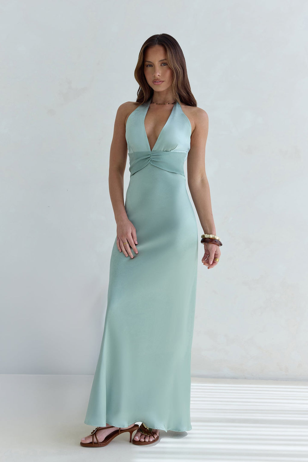 Destinations Halter Satin Maxi Dress Sage