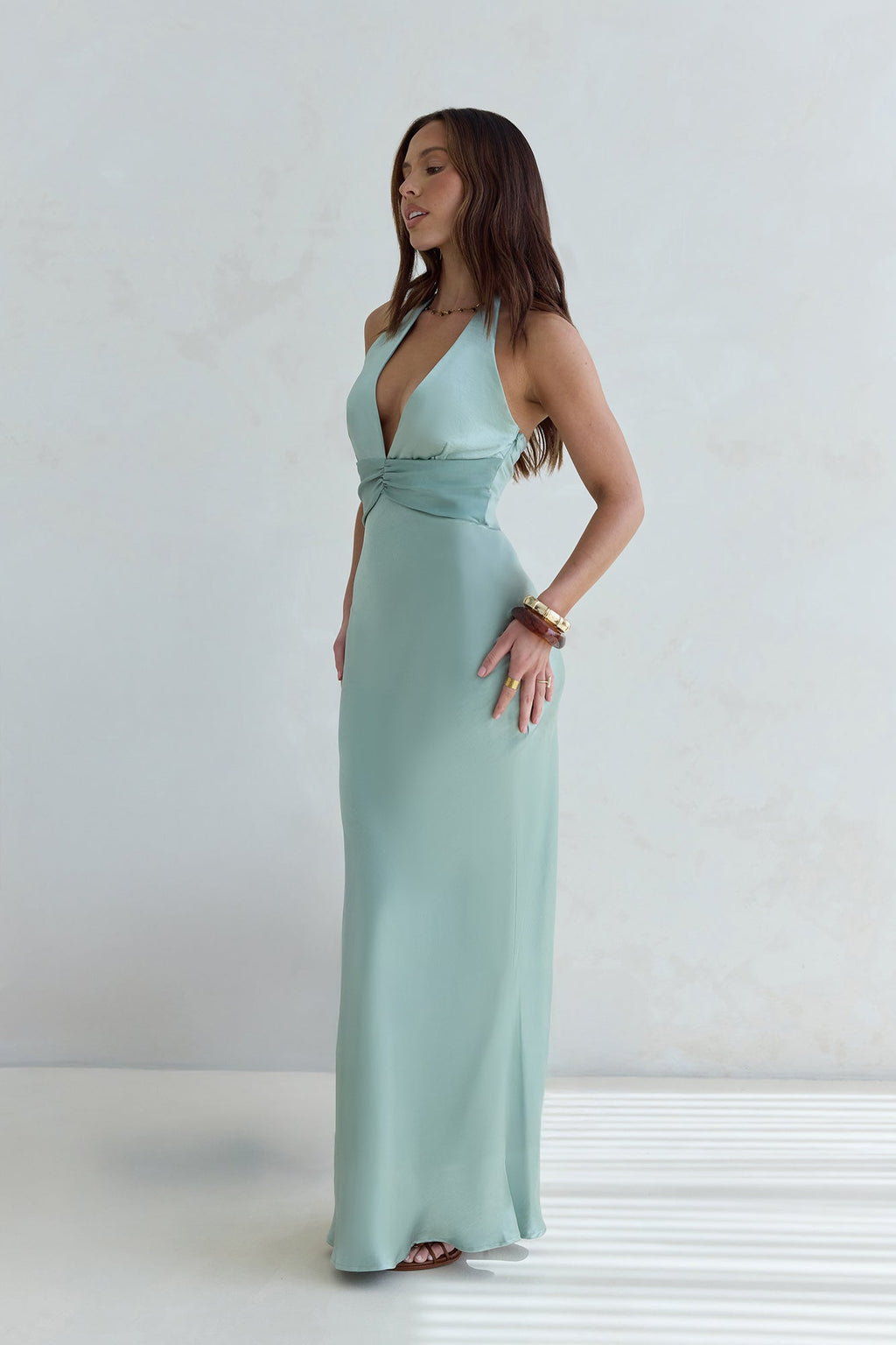 Destinations Halter Satin Maxi Dress Sage