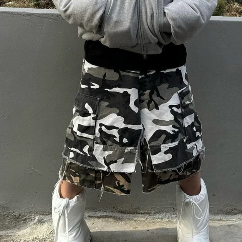 GRAILZ Project G/R Men's Summer Double Layer Camouflage Destruction Splicing Shorts Loose Do-Over Five Pants Ngvp #1919