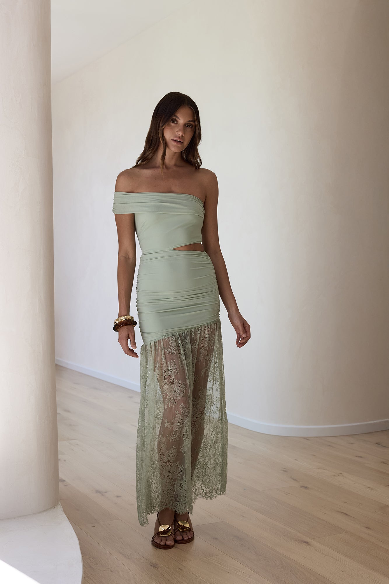 Blossoming Hearts Off Shoulder Lace Maxi Dress Sage