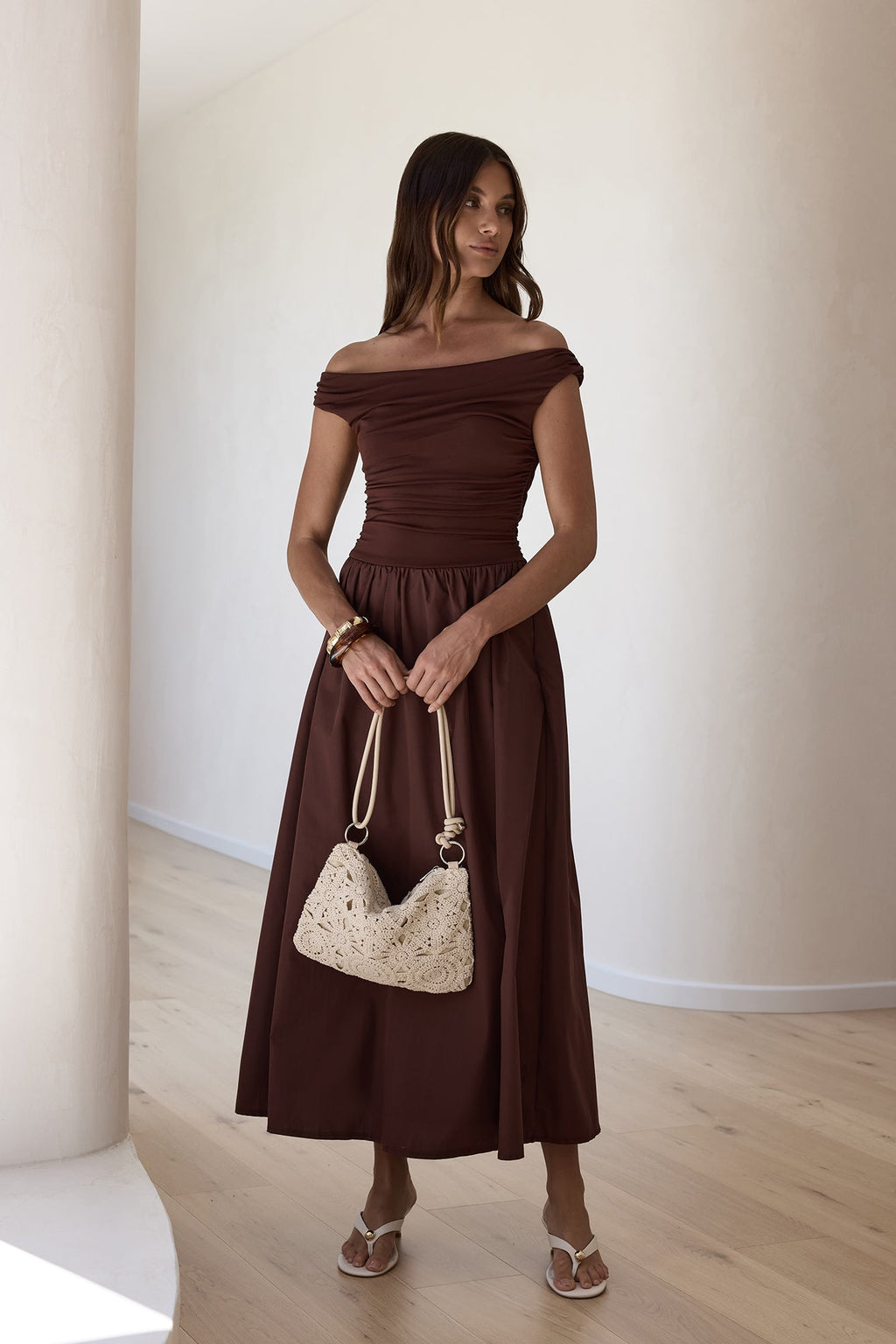 Days Of The Sun Off Shoulder Maxi Dress Chocolate