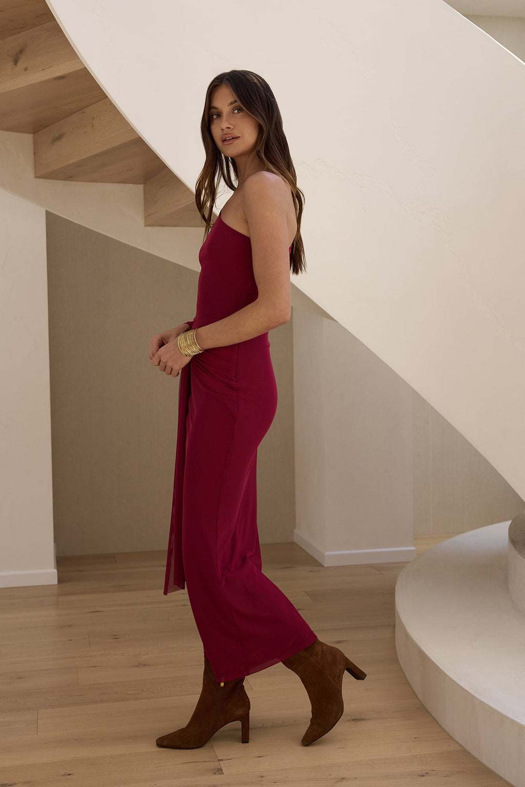 Moment Of Clarity One Shoulder Mesh Maxi Dress Plum