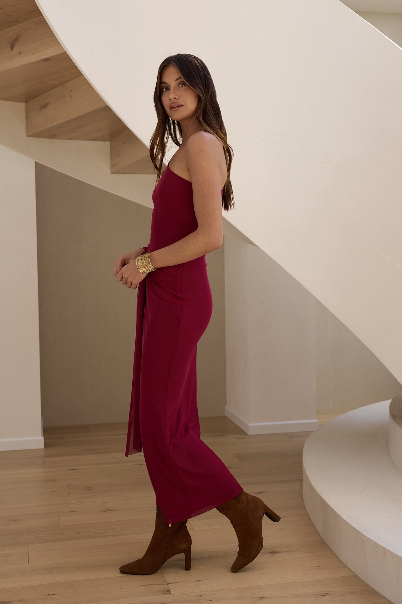 Moment Of Clarity One Shoulder Mesh Maxi Dress Plum