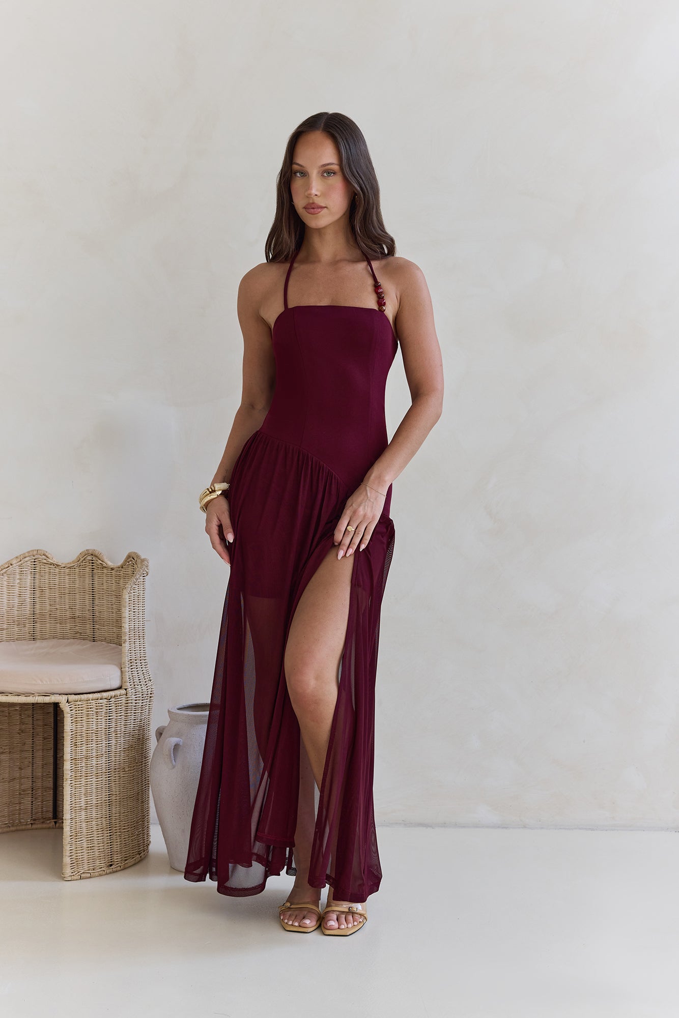 Feel The Light Halter Mesh Maxi Dress Burgundy