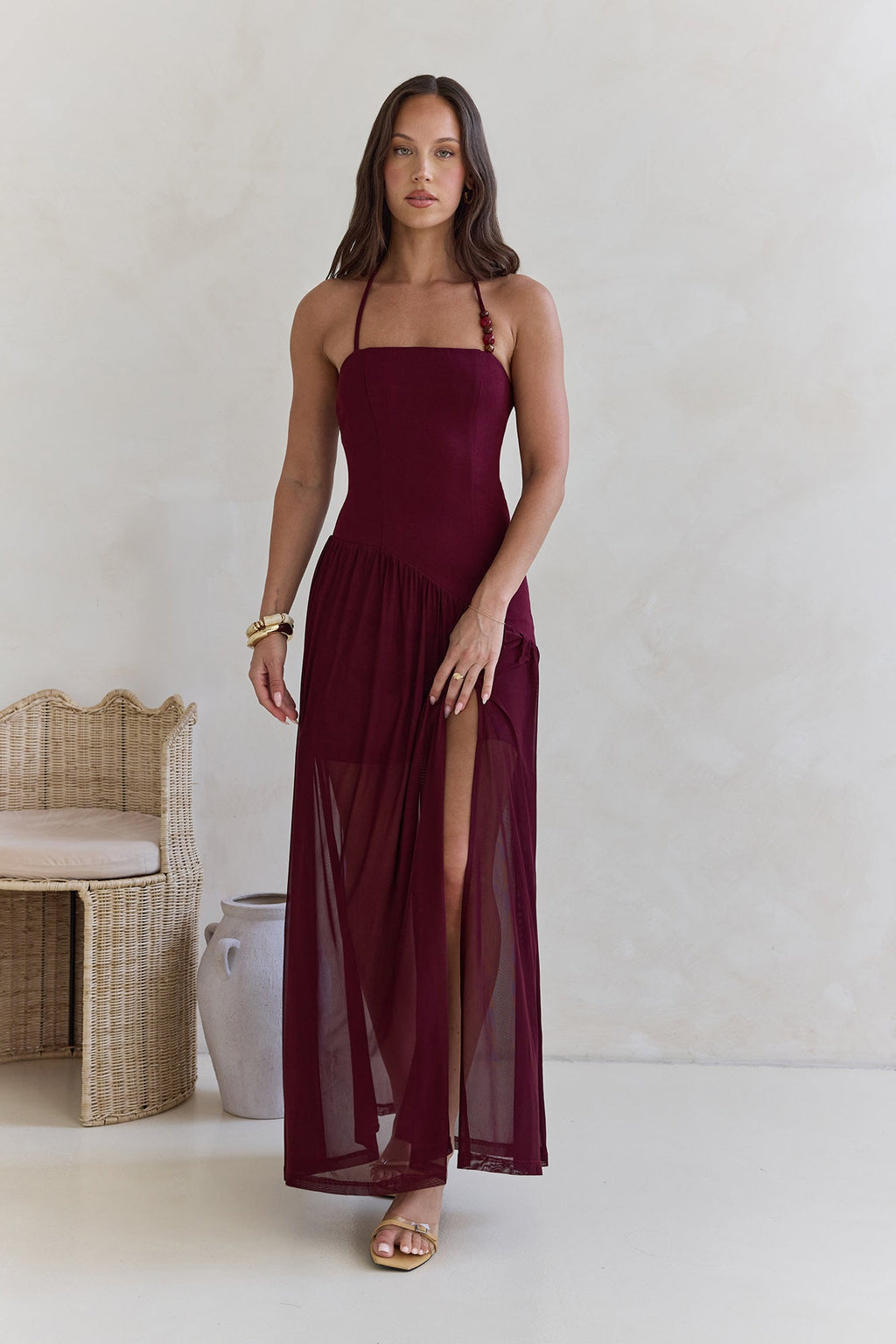 Feel The Light Halter Mesh Maxi Dress Burgundy