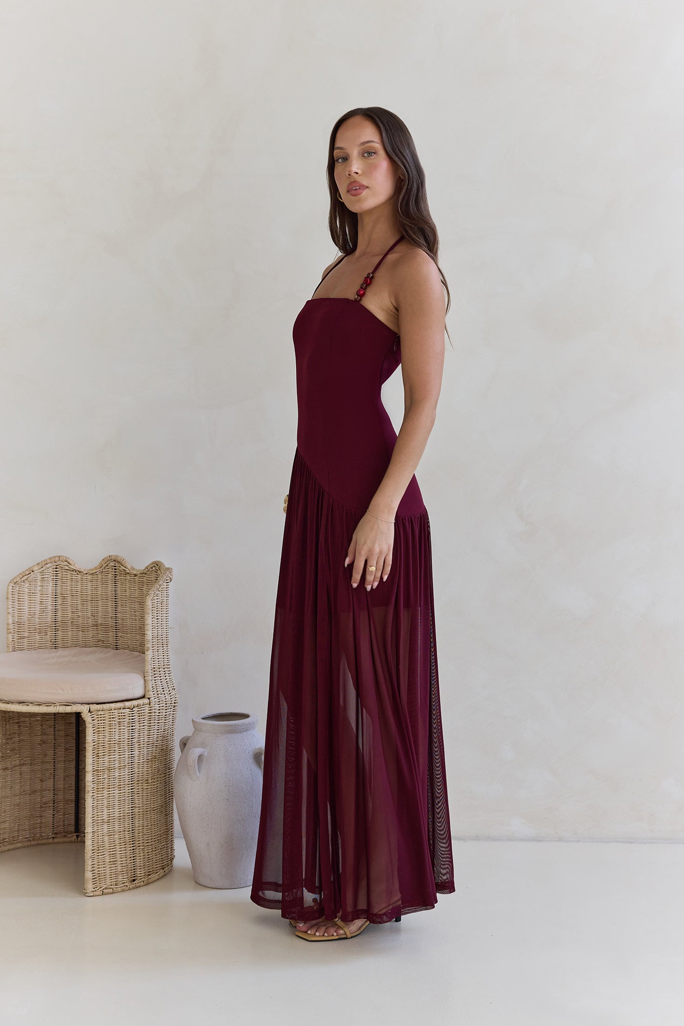 Feel The Light Halter Mesh Maxi Dress Burgundy