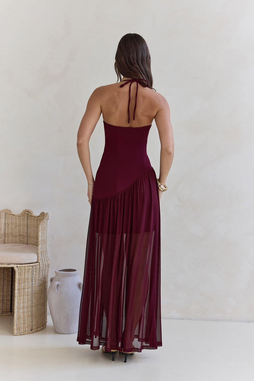 Feel The Light Halter Mesh Maxi Dress Burgundy