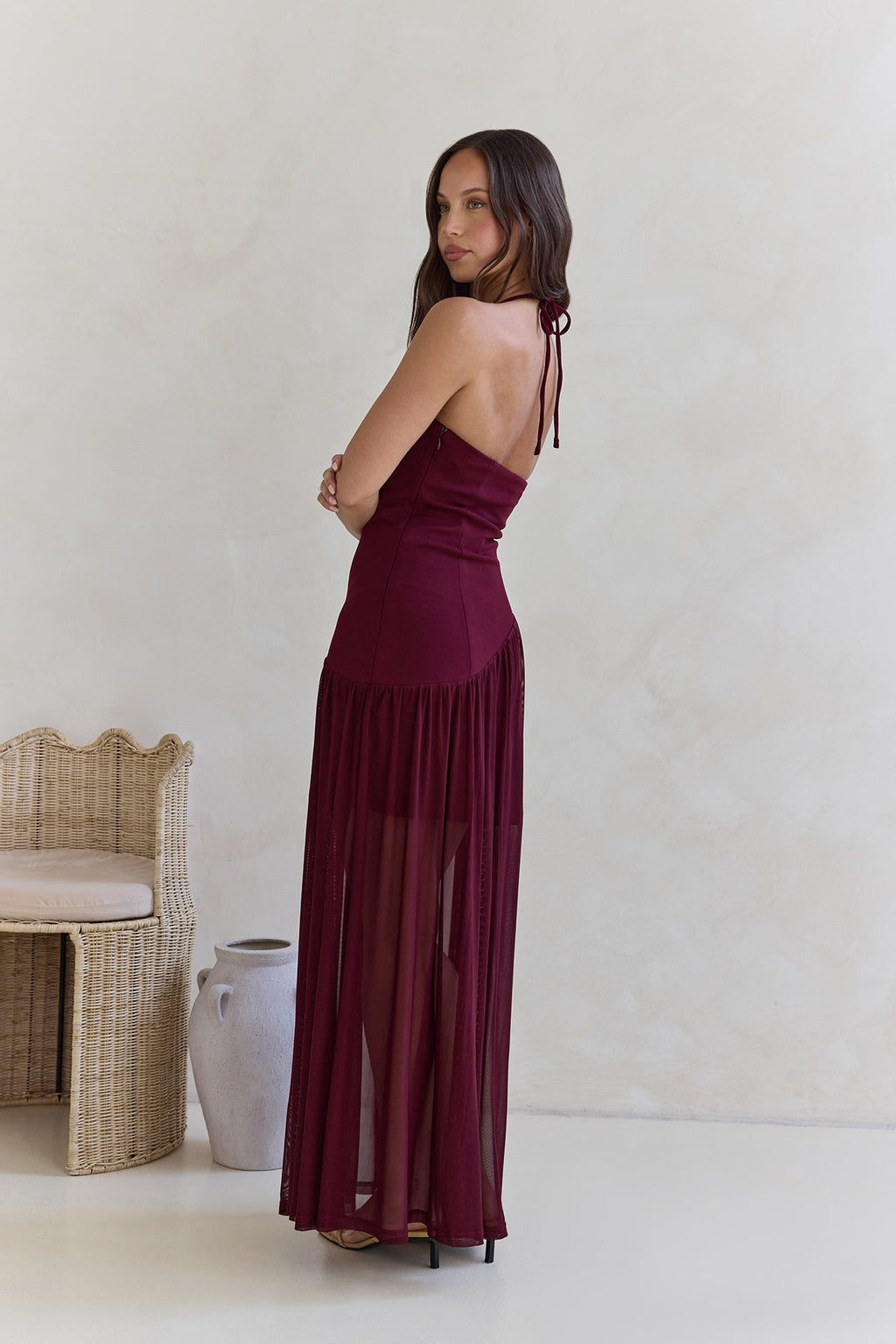 Feel The Light Halter Mesh Maxi Dress Burgundy