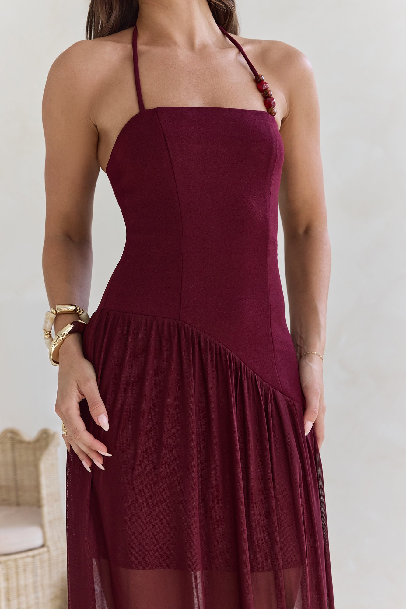 Feel The Light Halter Mesh Maxi Dress Burgundy