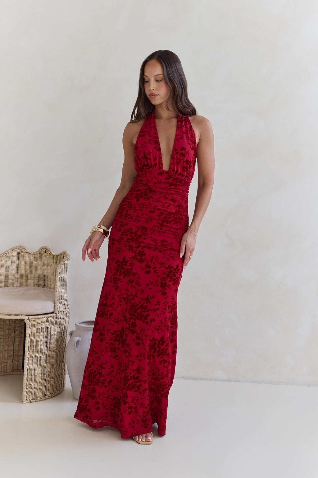 Dewy Whisper Halter Maxi Dress Wine