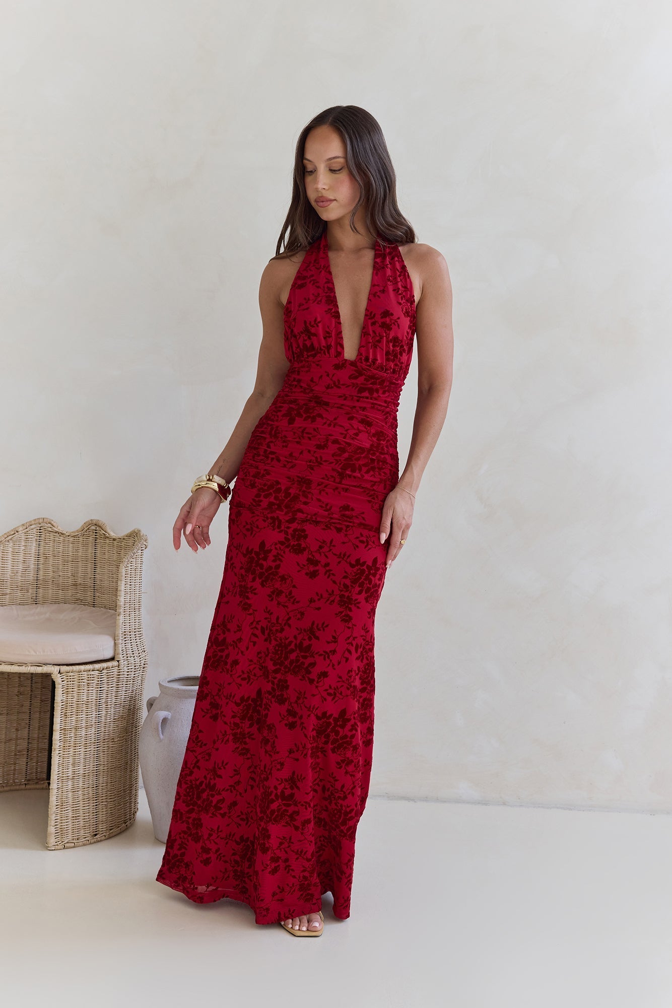 Dewy Whisper Halter Maxi Dress Wine