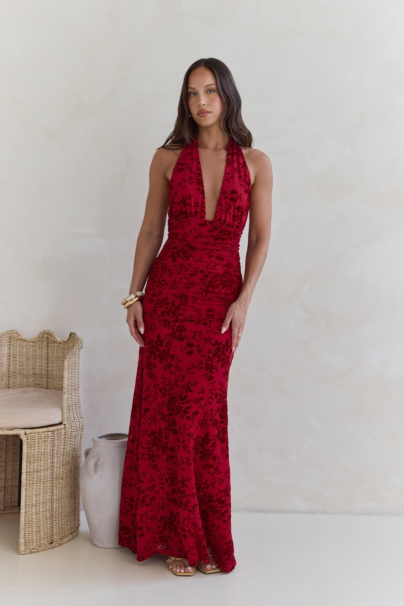 Dewy Whisper Halter Maxi Dress Wine