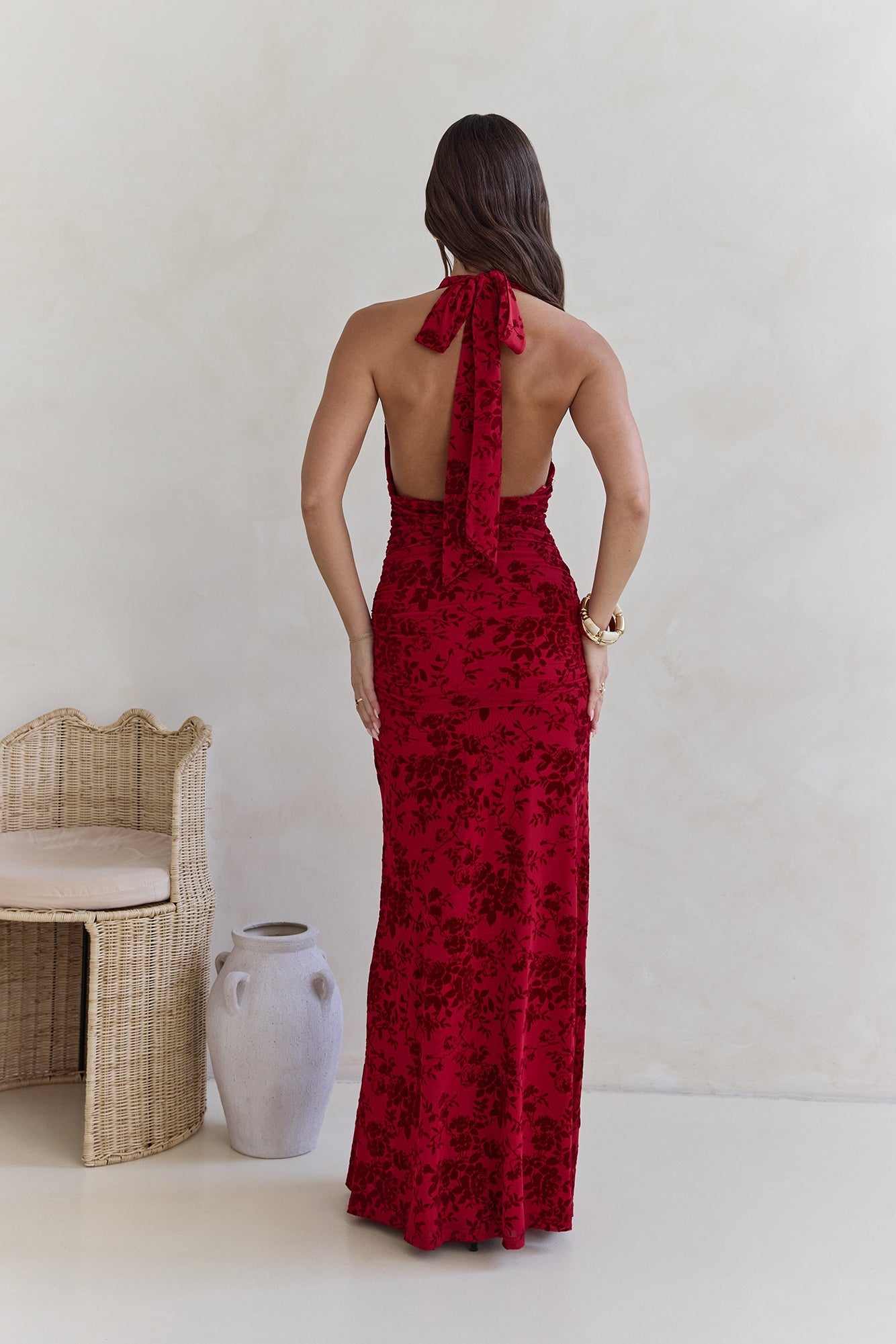 Dewy Whisper Halter Maxi Dress Wine