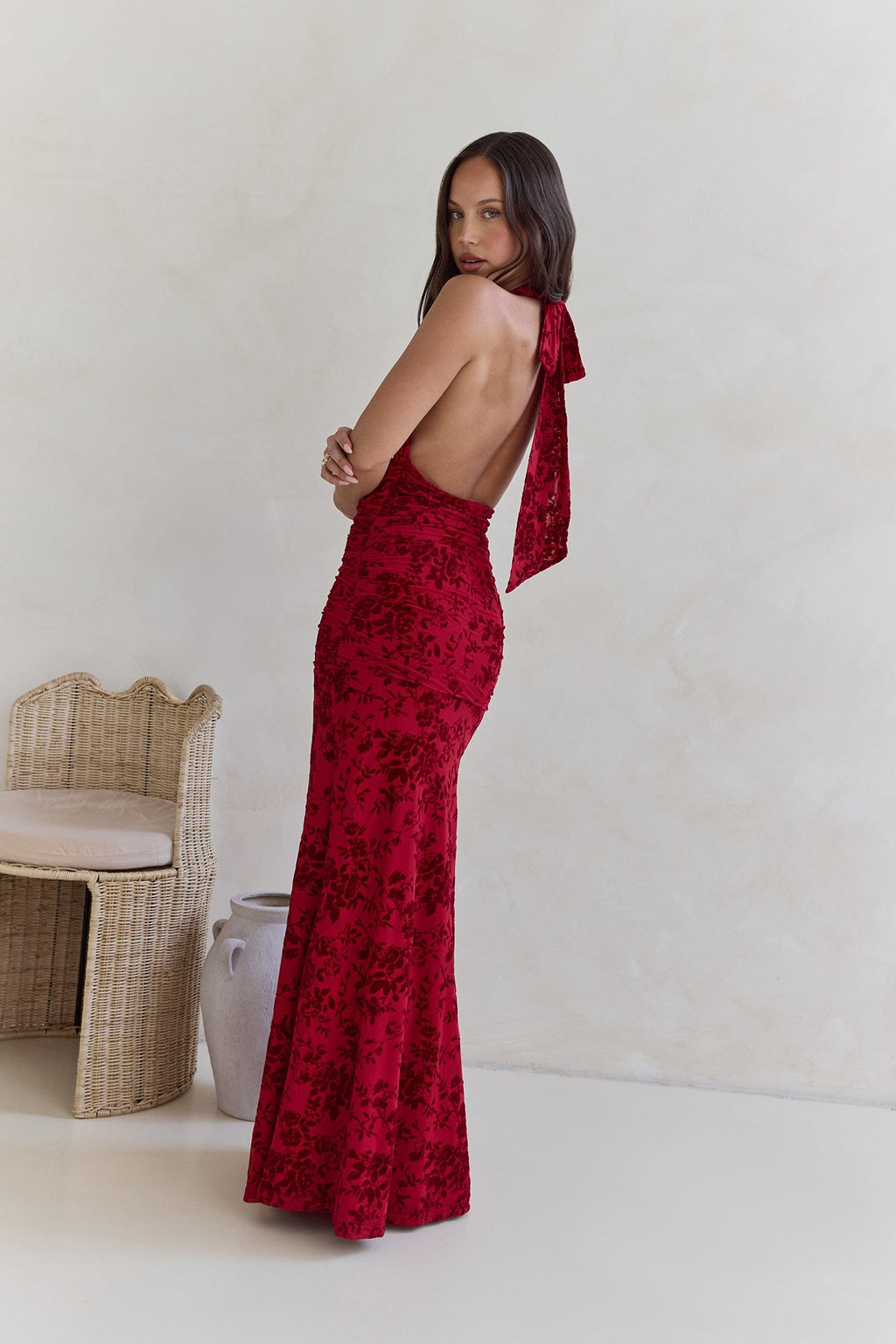 Dewy Whisper Halter Maxi Dress Wine