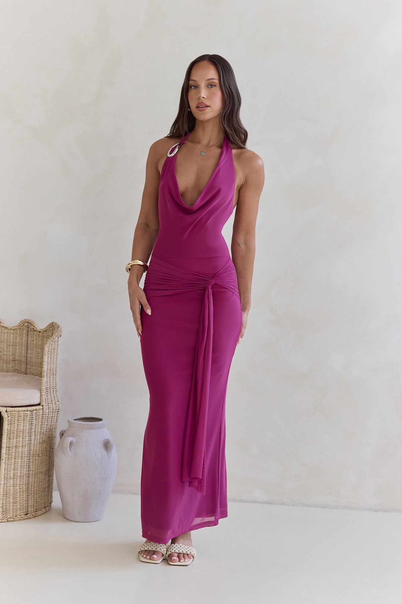 Step To Tune Mesh Halter Maxi Dress Plum
