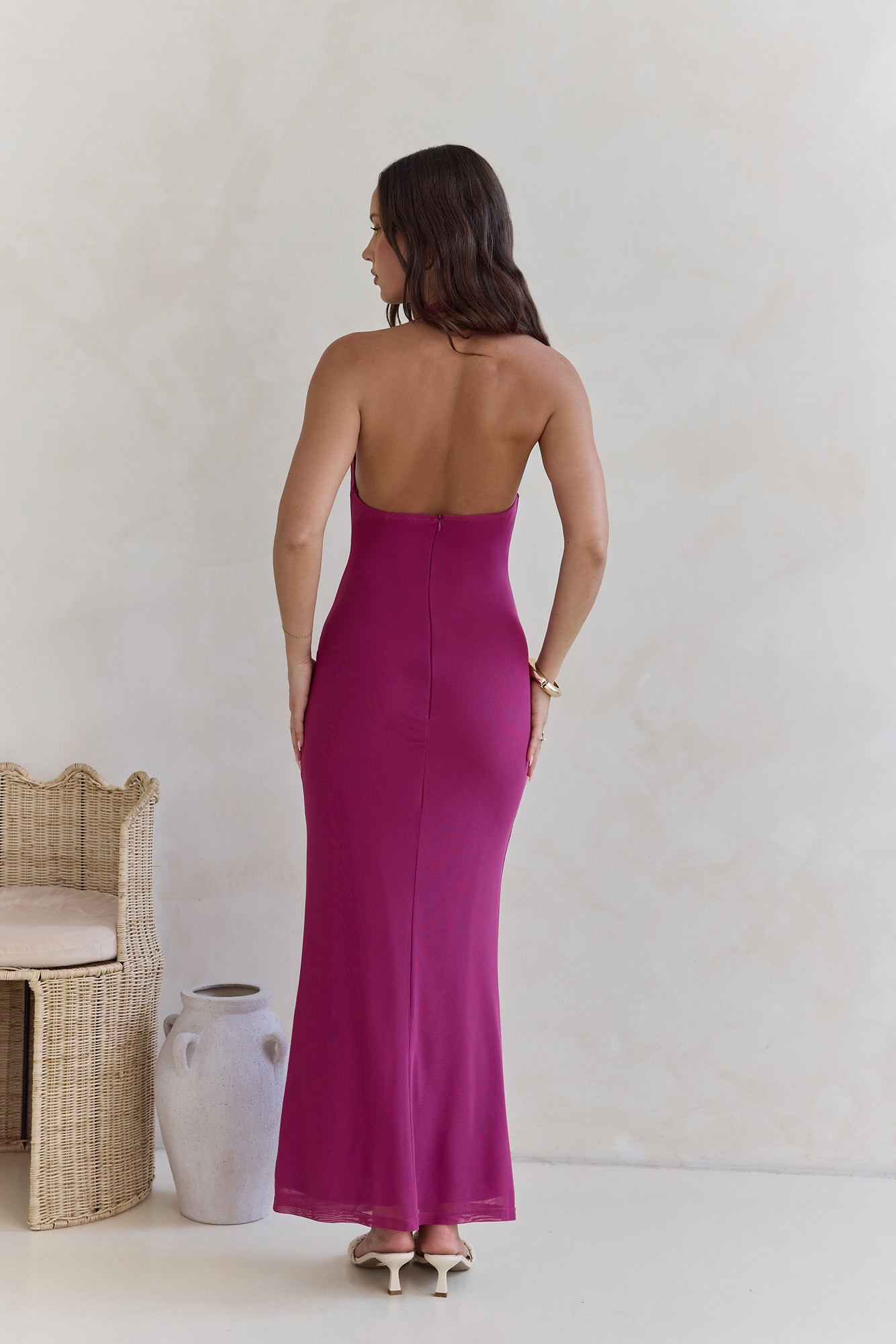 Step To Tune Mesh Halter Maxi Dress Plum