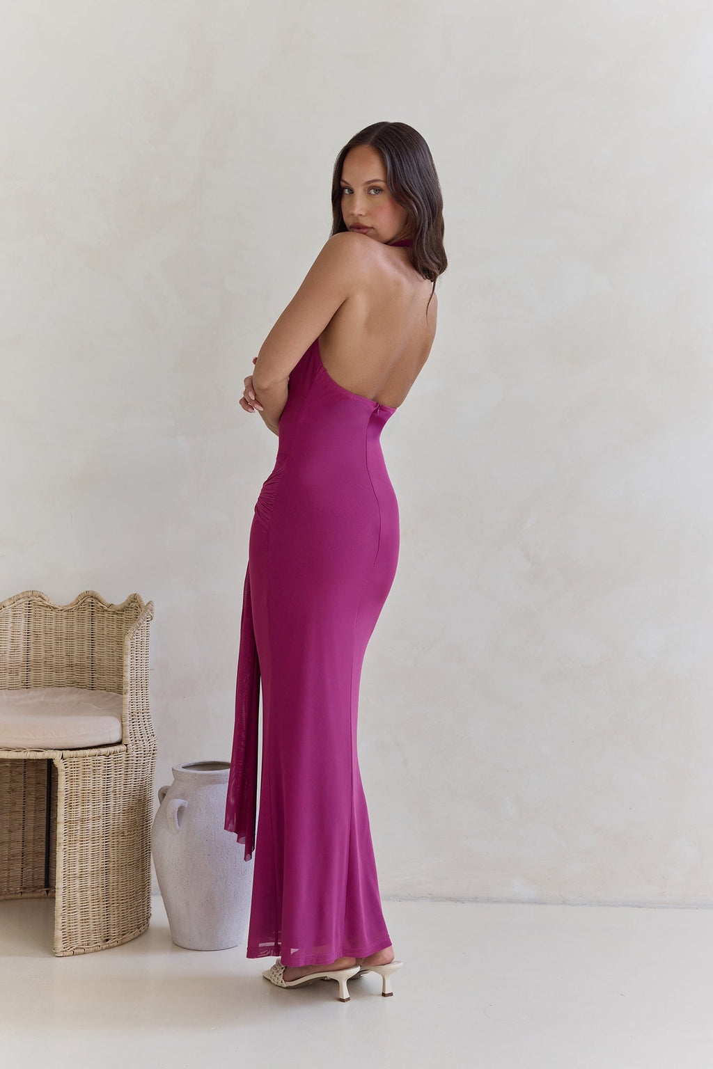 Step To Tune Mesh Halter Maxi Dress Plum