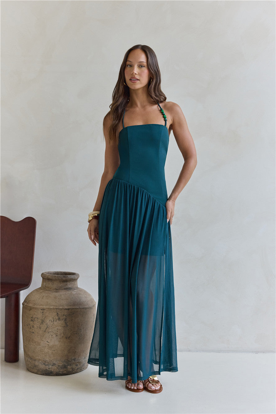 Feel The Light Halter Mesh Maxi Dress Teal