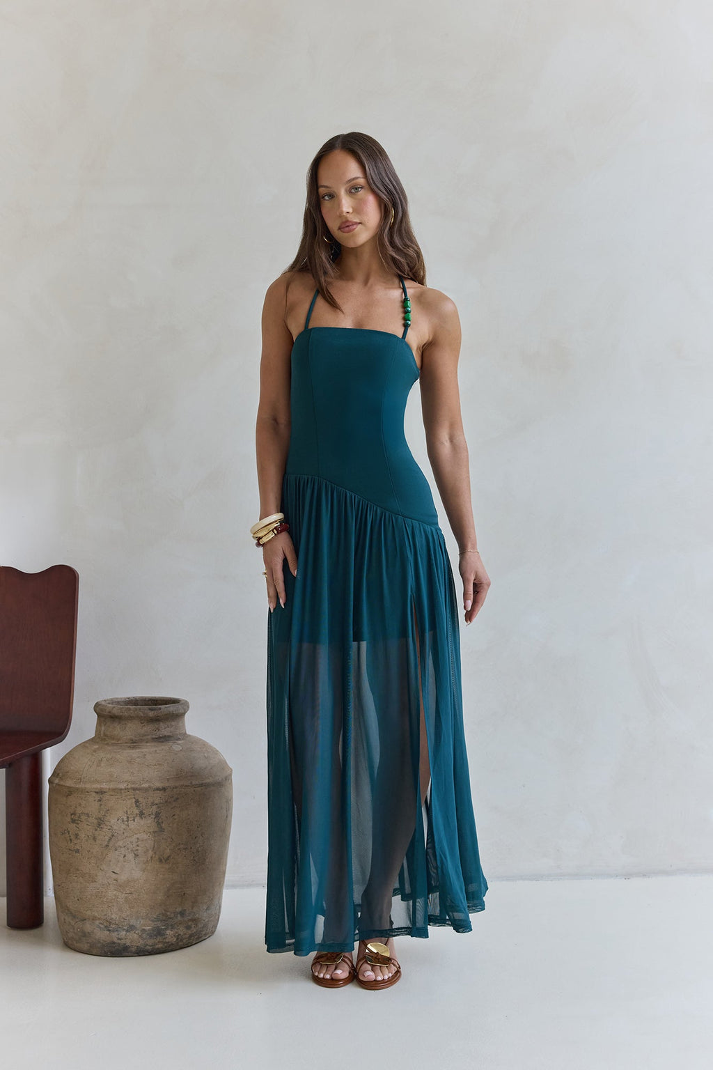 Feel The Light Halter Mesh Maxi Dress Teal