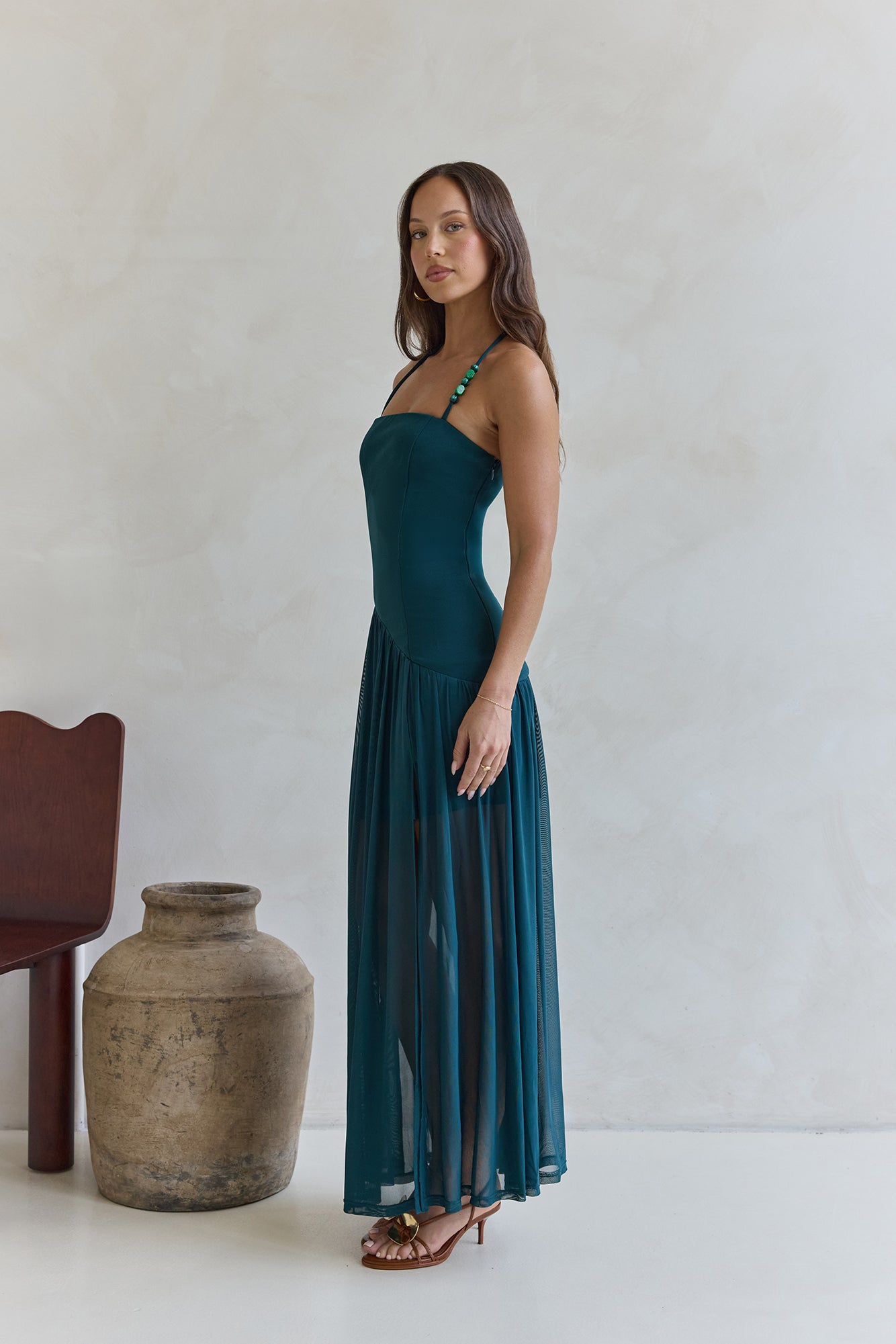 Feel The Light Halter Mesh Maxi Dress Teal