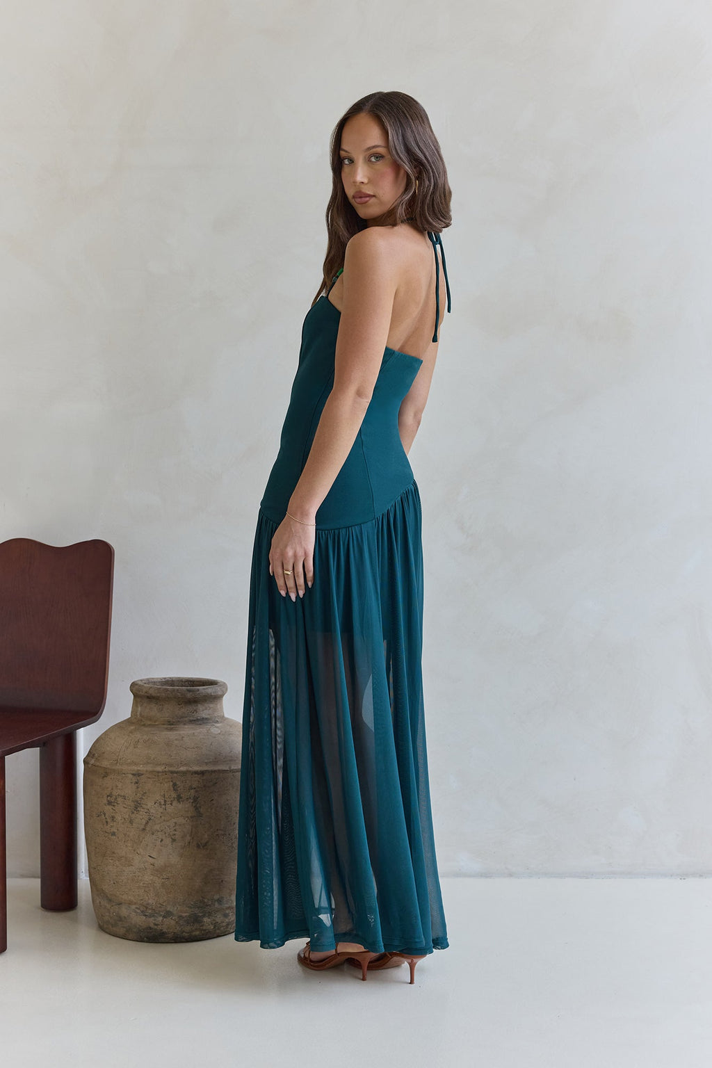 Feel The Light Halter Mesh Maxi Dress Teal