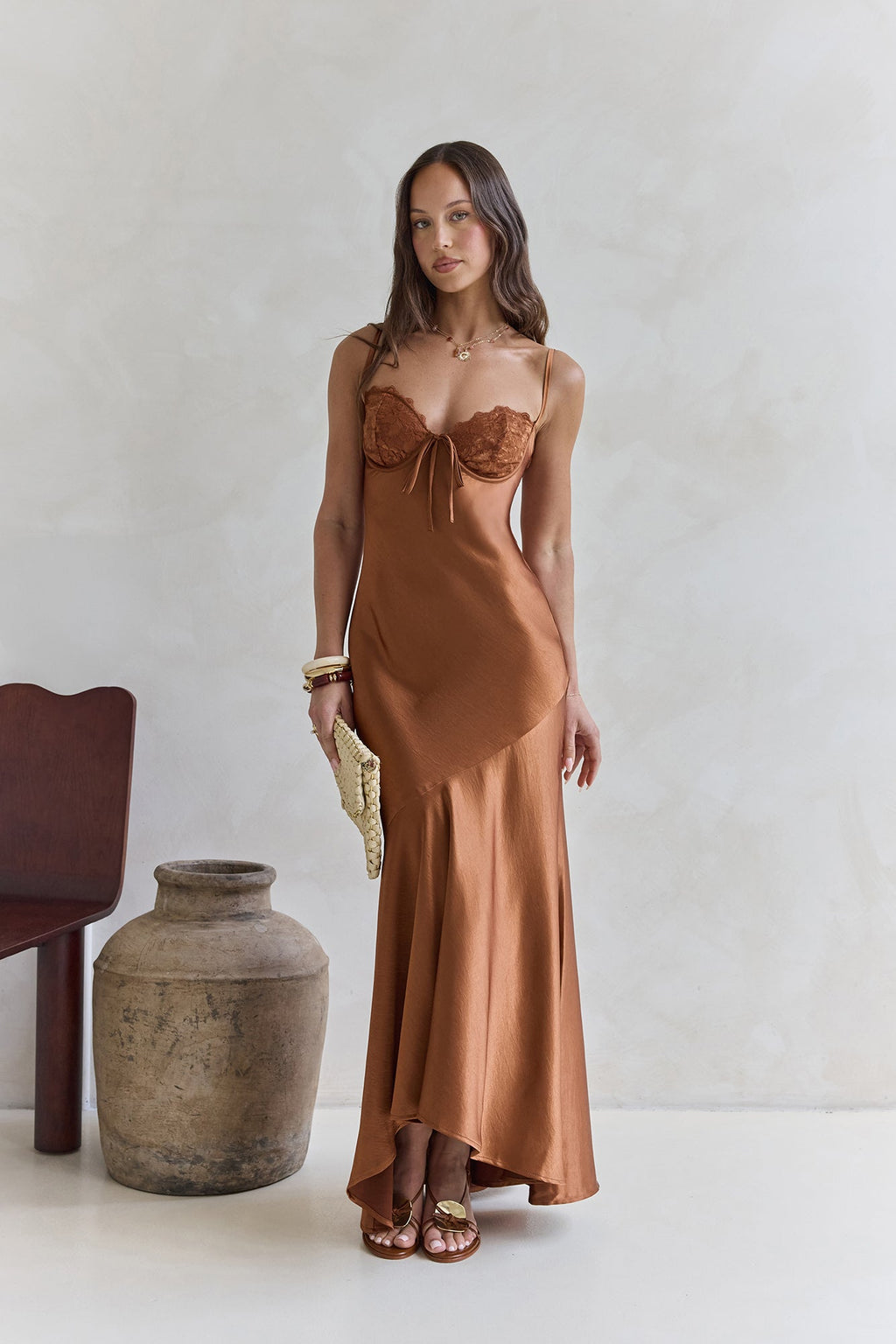 Eyes Of Night Satin Maxi Dress Copper