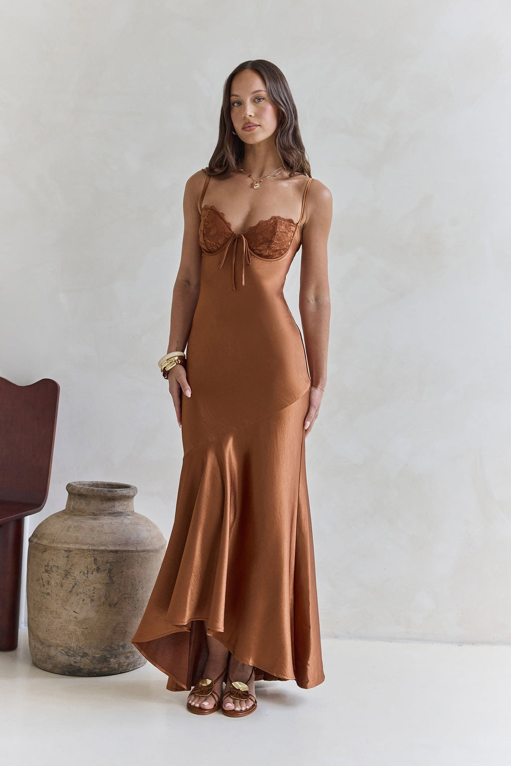 Eyes Of Night Satin Maxi Dress Copper
