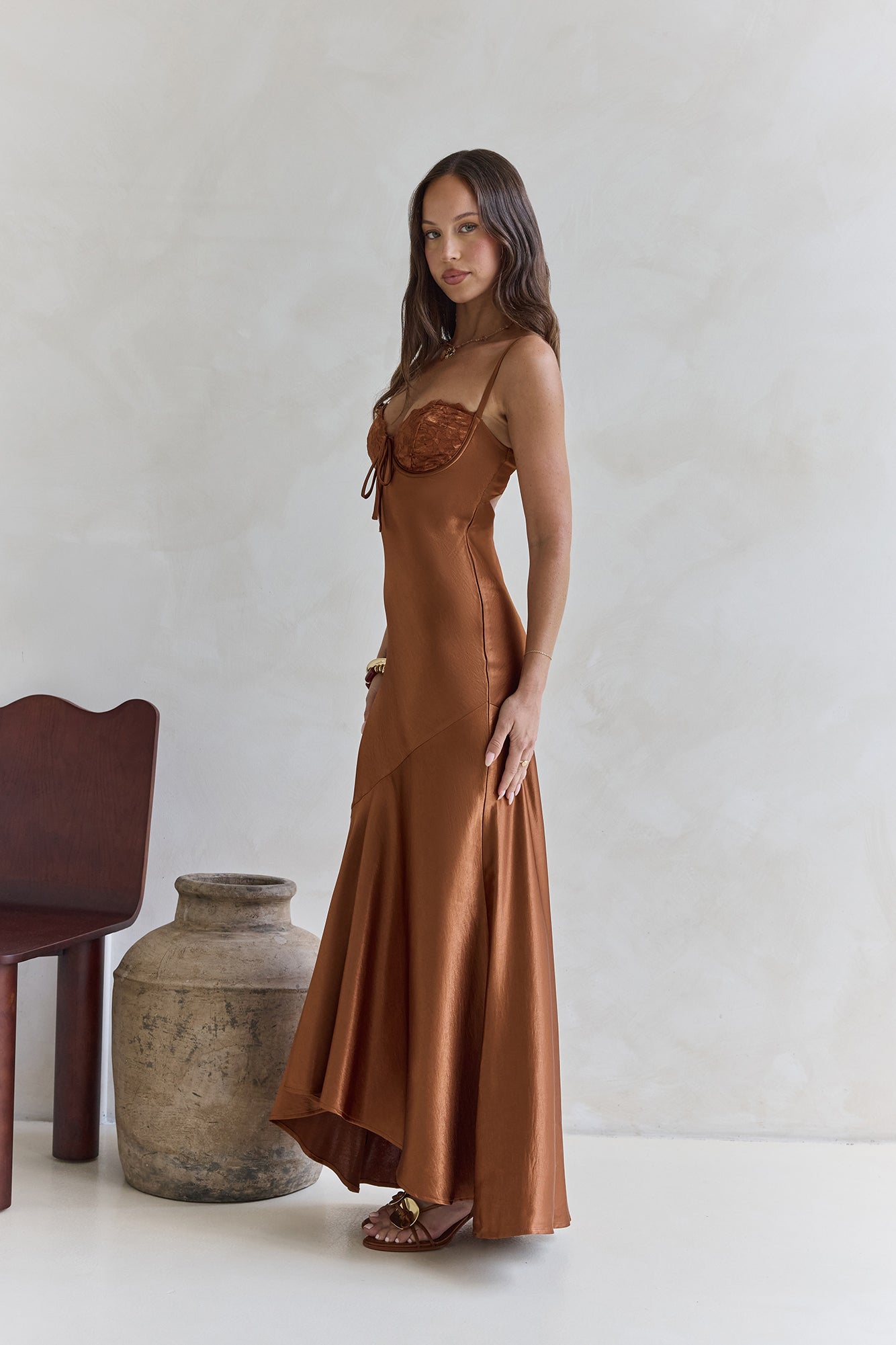 Eyes Of Night Satin Maxi Dress Copper