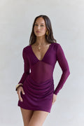 Glowing Nights Long Sleeve Mesh Mini Dress Plum