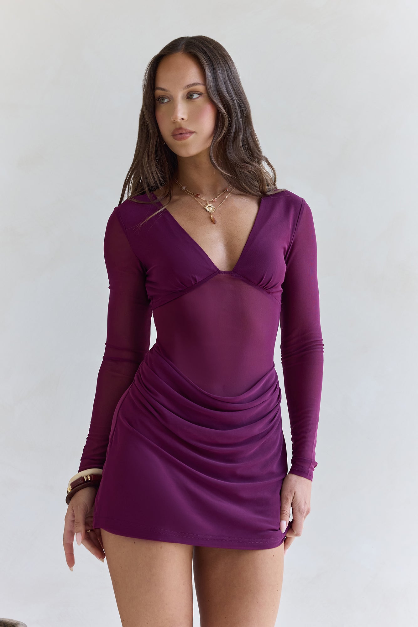 Glowing Nights Long Sleeve Mesh Mini Dress Plum