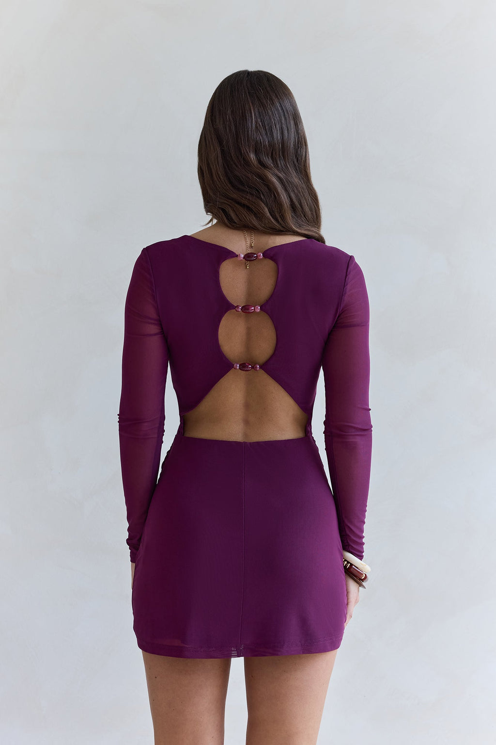 Glowing Nights Long Sleeve Mesh Mini Dress Plum