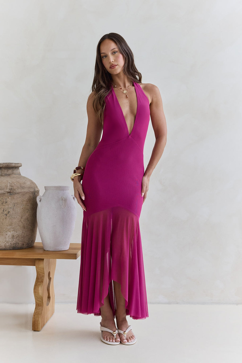 No Reason Mesh Halter Maxi Dress Plum
