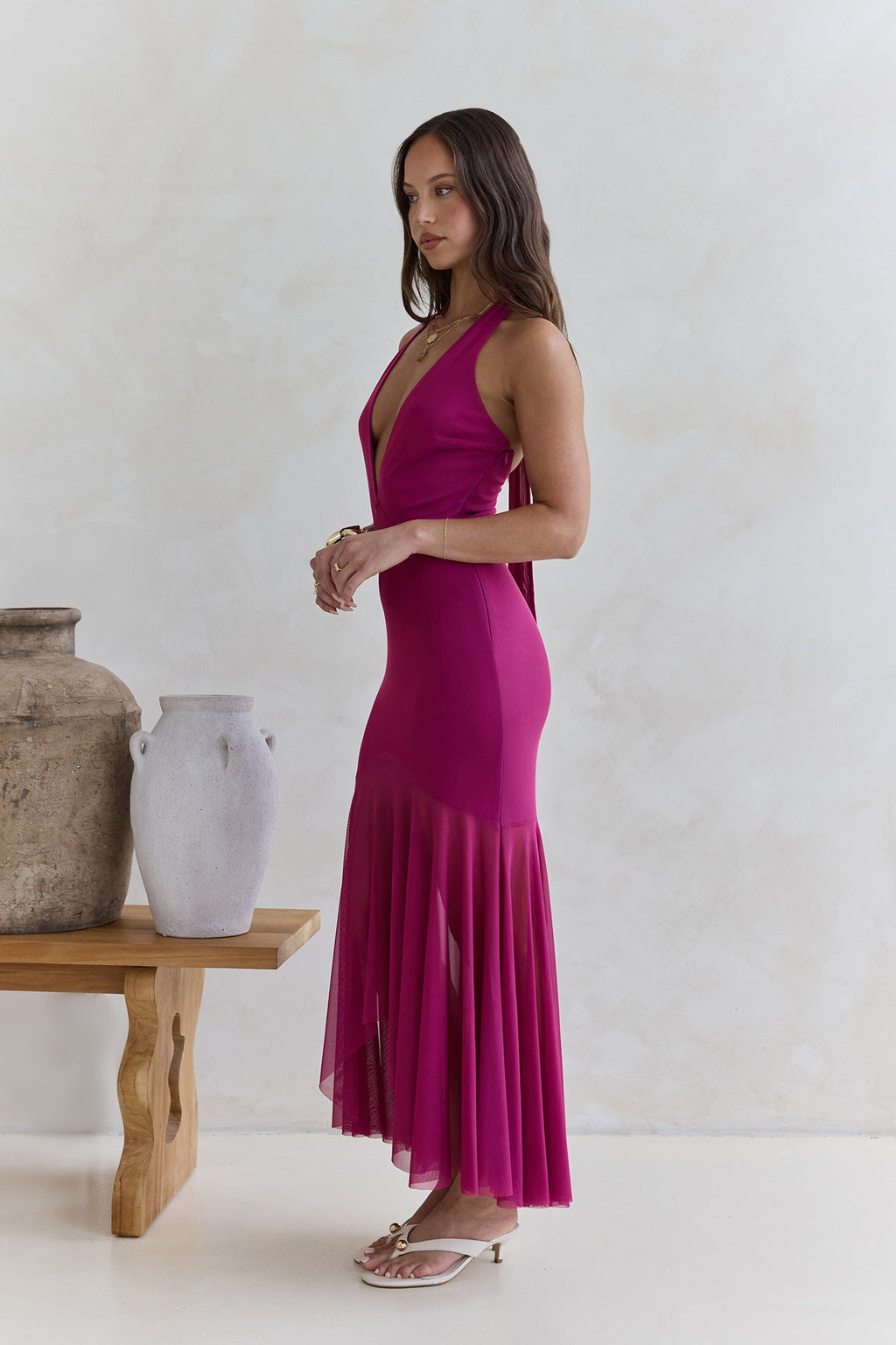 No Reason Mesh Halter Maxi Dress Plum