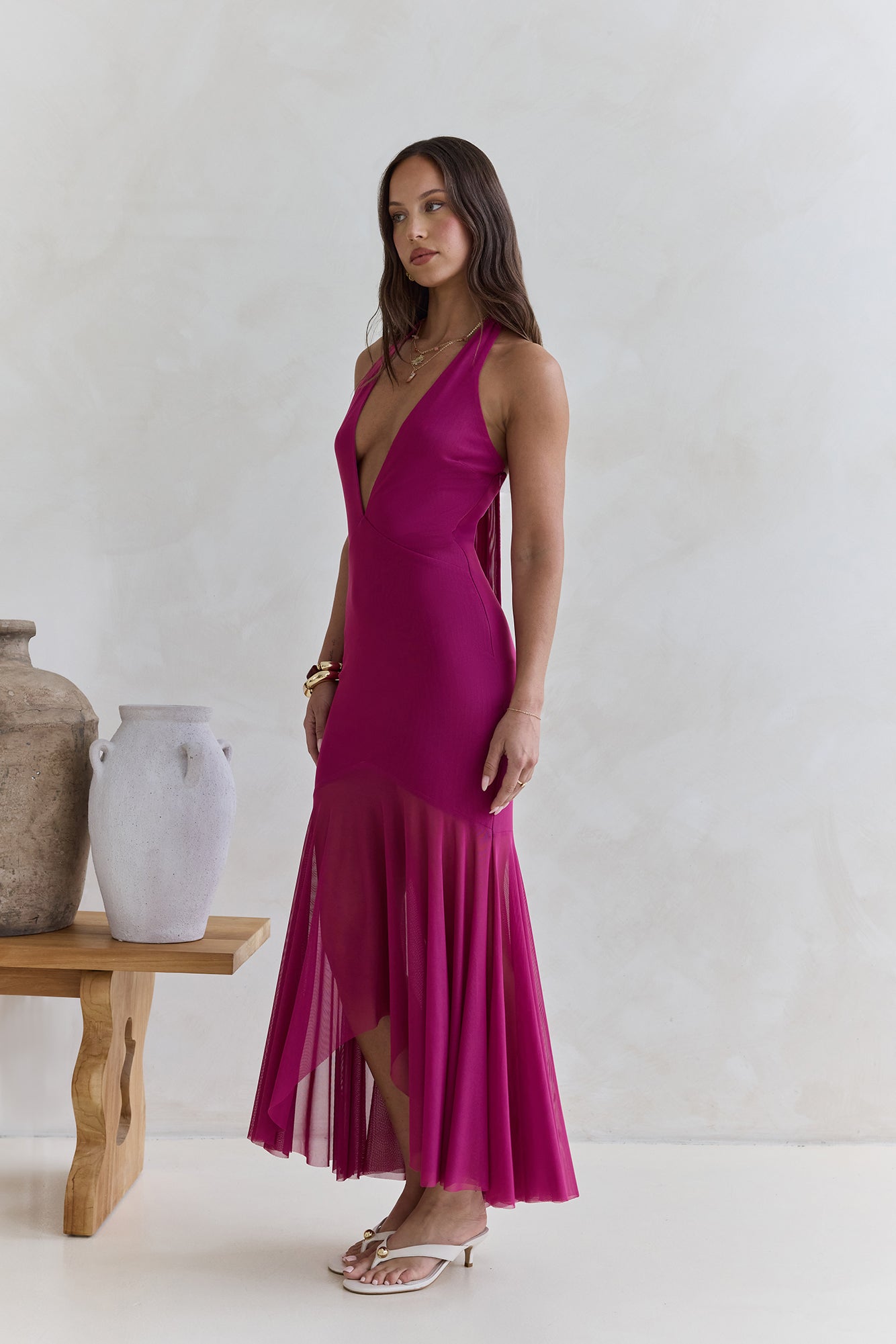 No Reason Mesh Halter Maxi Dress Plum