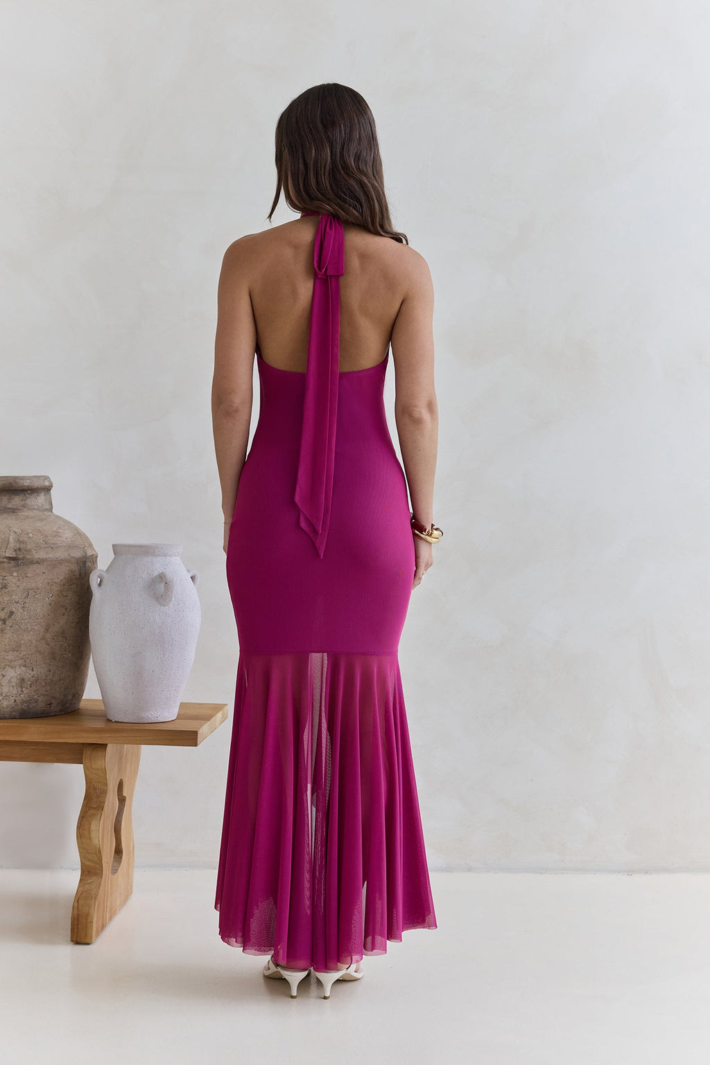 No Reason Mesh Halter Maxi Dress Plum
