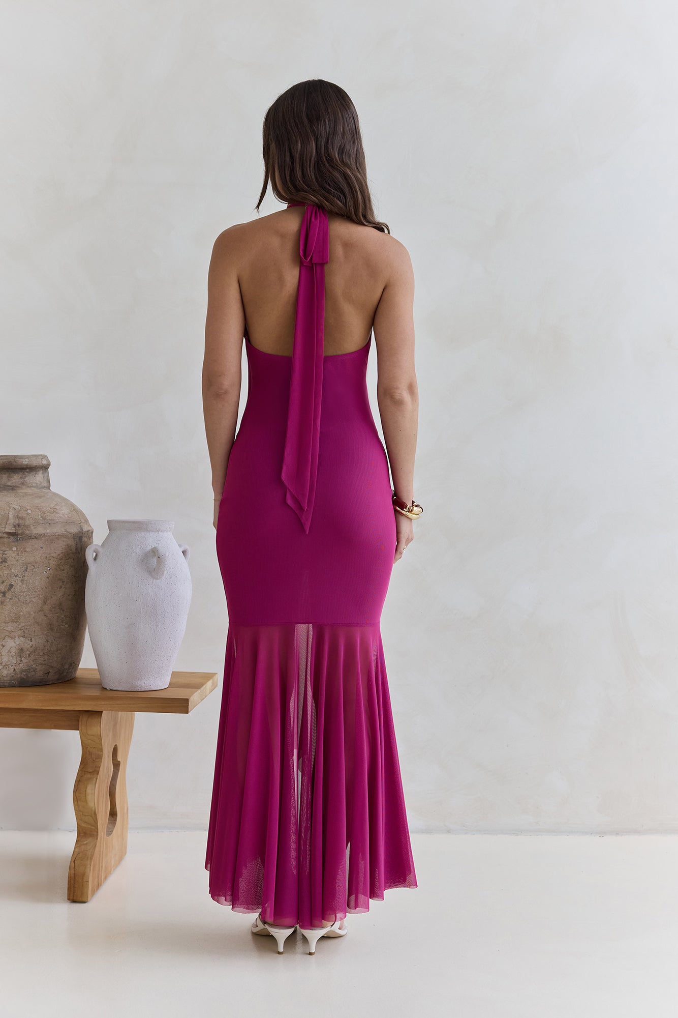 No Reason Mesh Halter Maxi Dress Plum