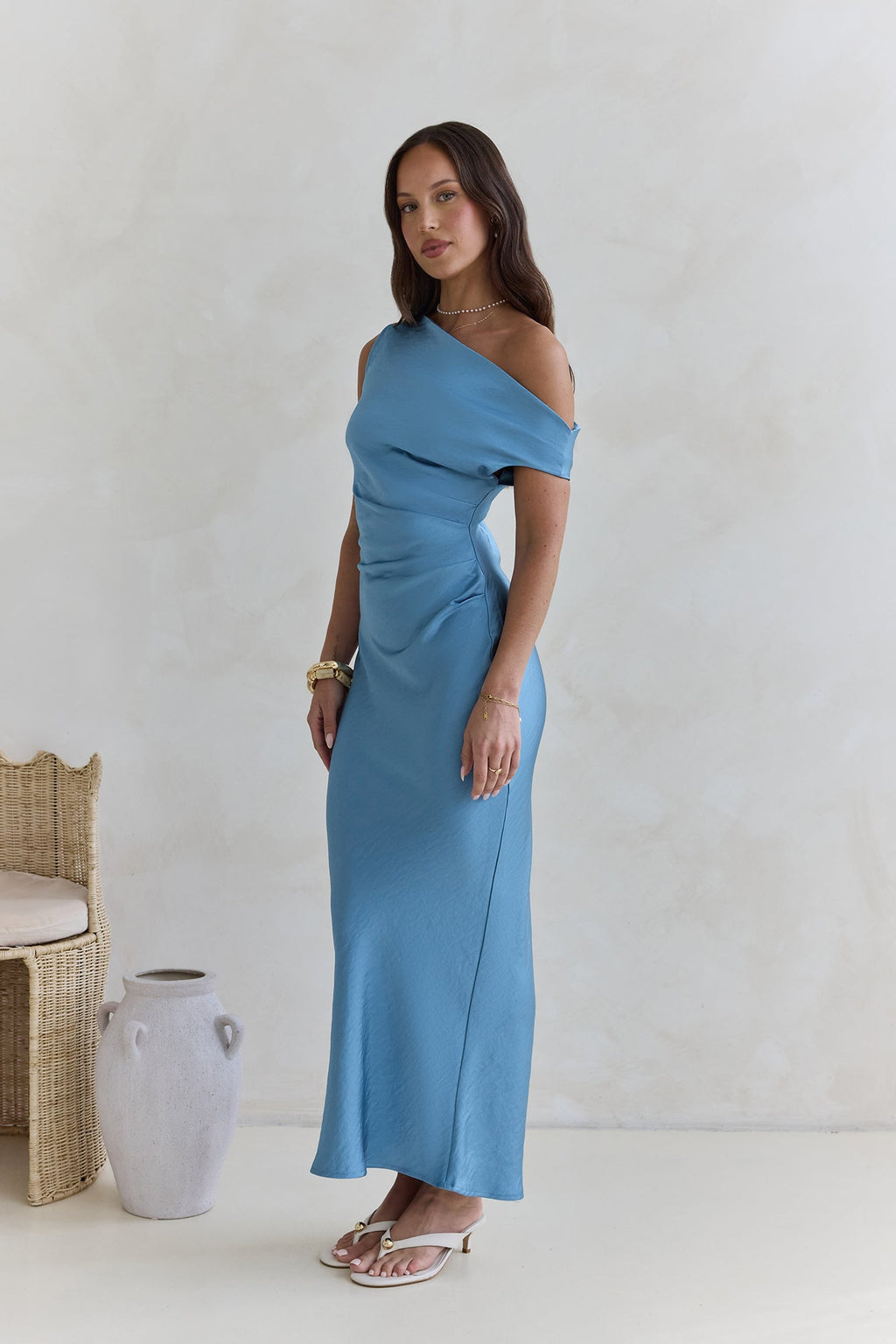 Noir Evenings Off Shoulder Satin Maxi Dress Blue