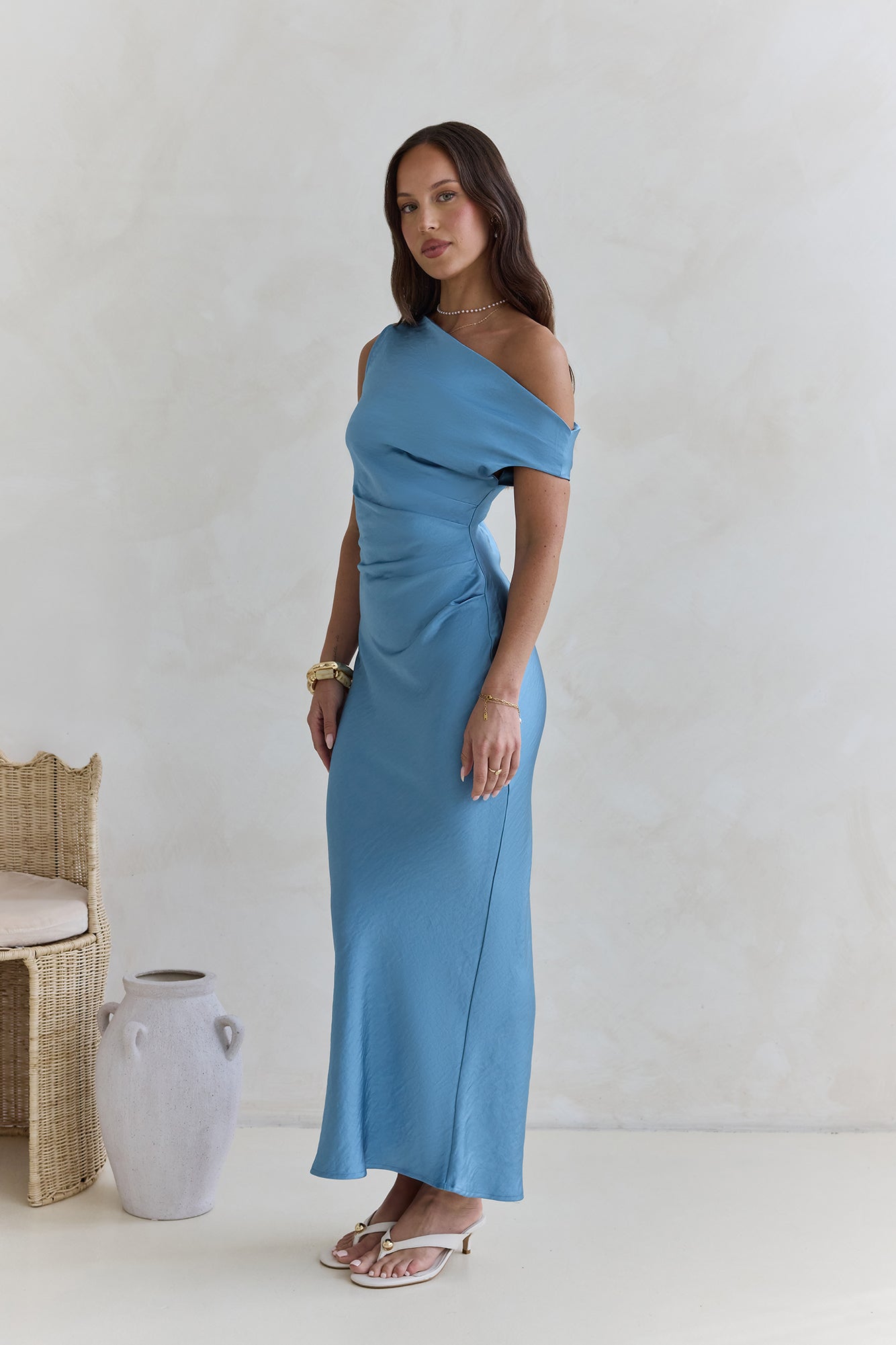 Noir Evenings Off Shoulder Satin Maxi Dress Blue