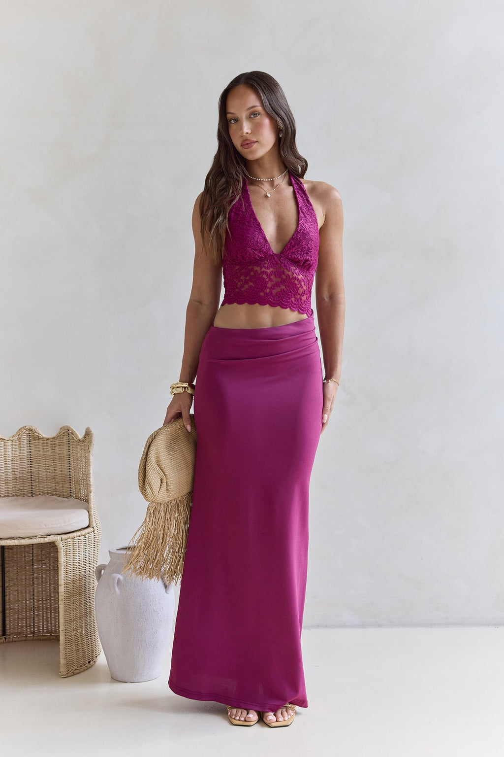 Best Believe Lace Halter Maxi Dress Plum
