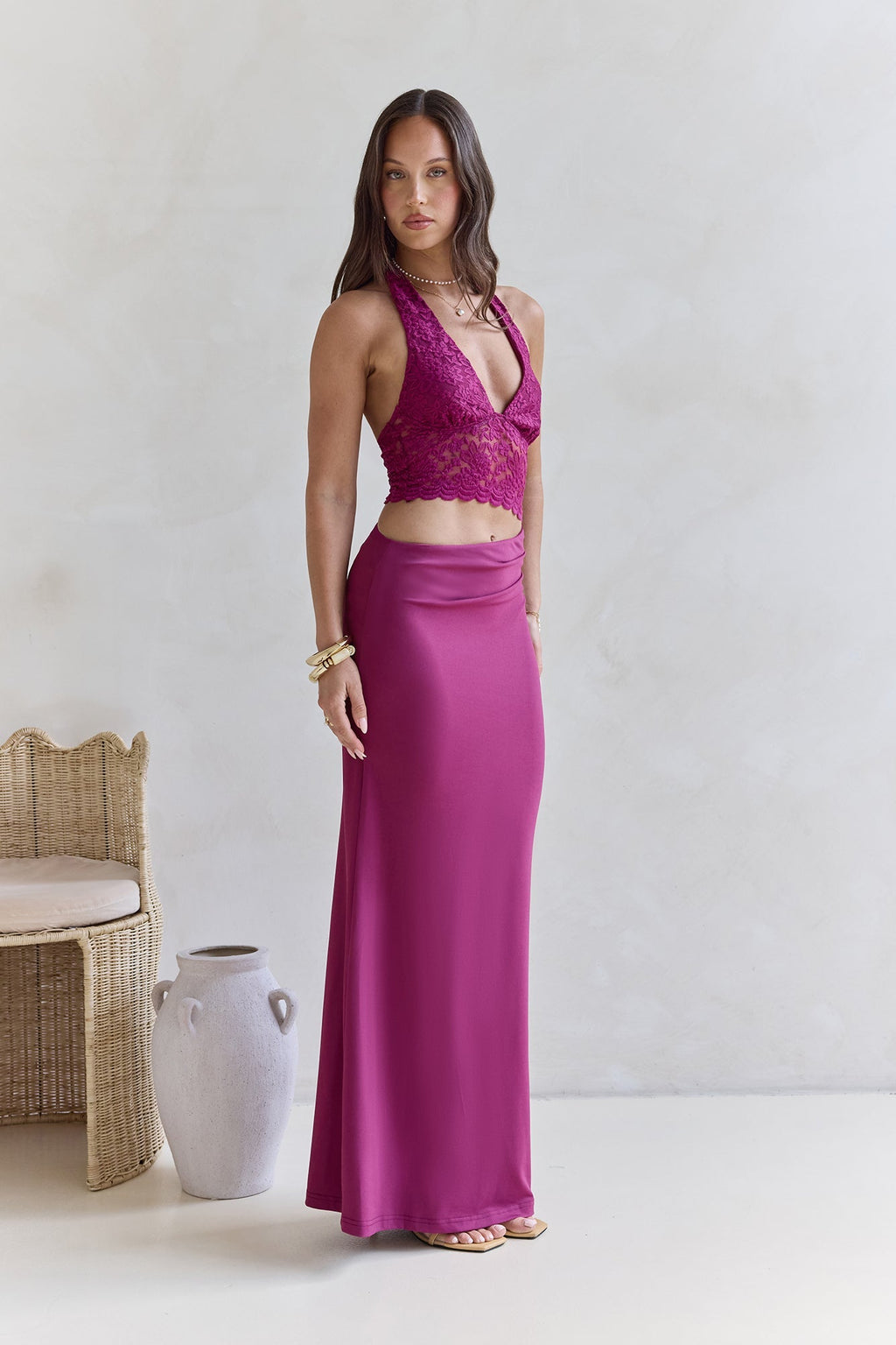 Best Believe Lace Halter Maxi Dress Plum