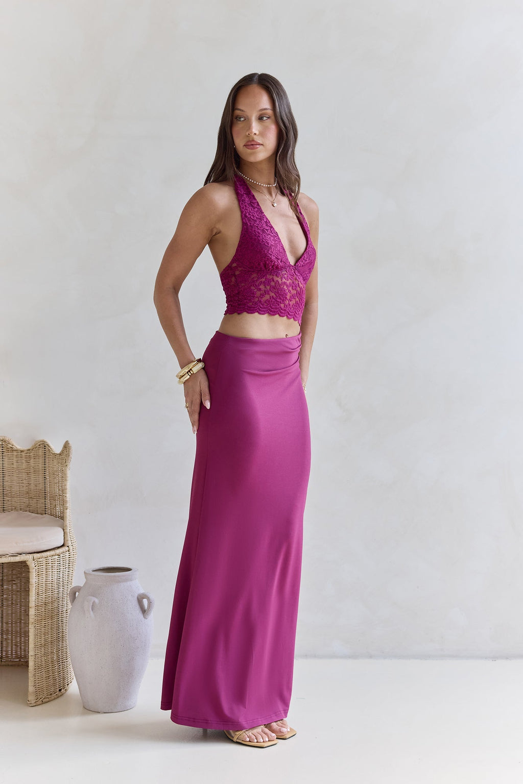 Best Believe Lace Halter Maxi Dress Plum
