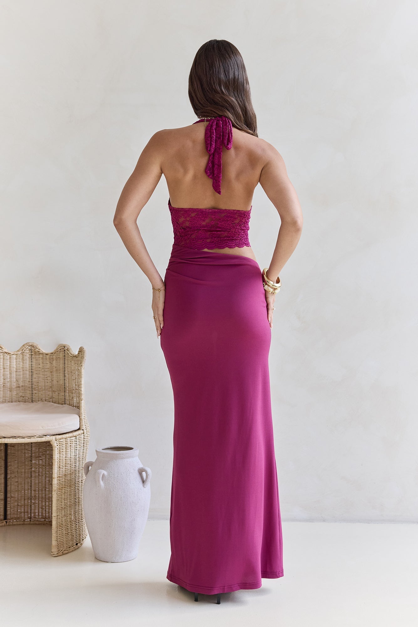 Best Believe Lace Halter Maxi Dress Plum