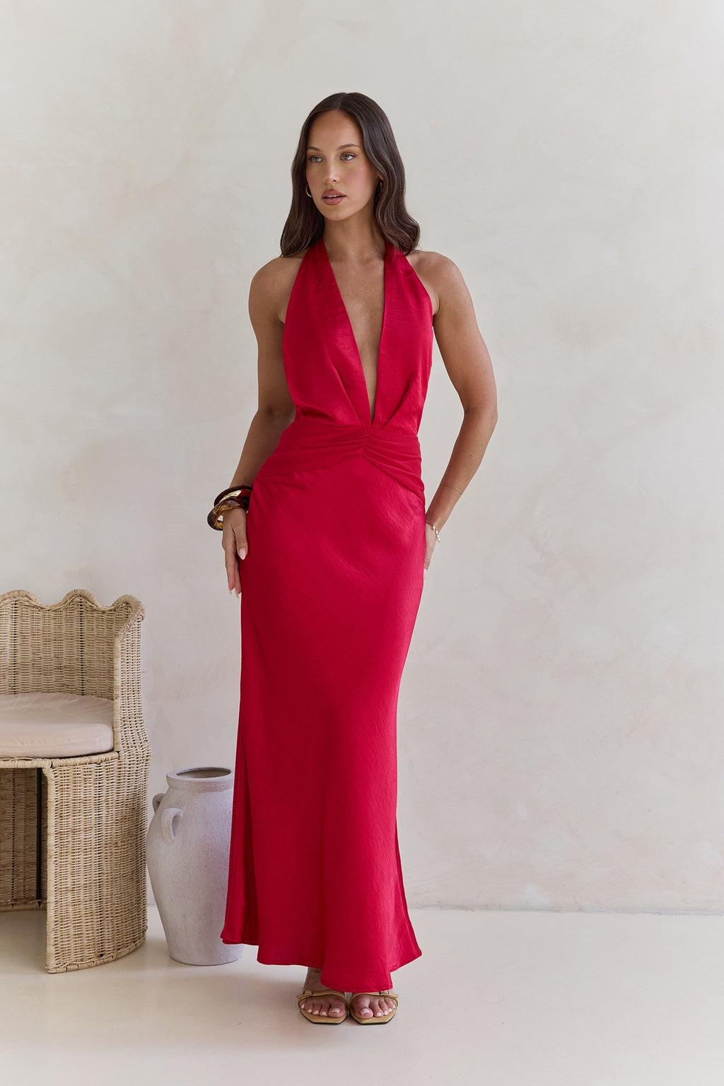 Got A Feeling Halter Satin Maxi Dress Red
