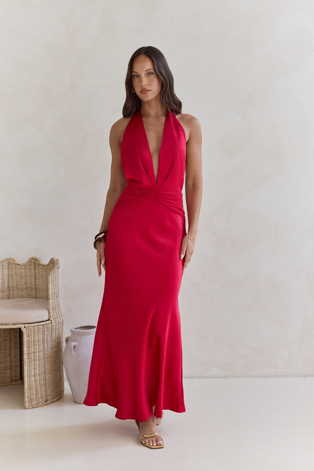 Got A Feeling Halter Satin Maxi Dress Red