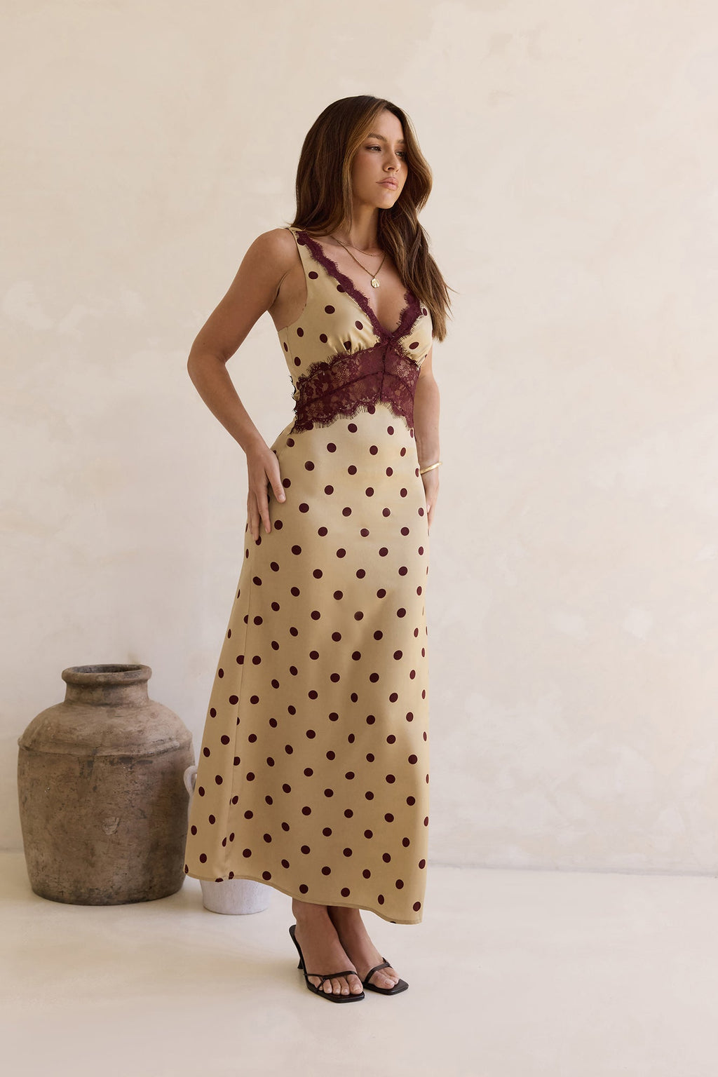 On The Sky Lace Polka Dot Maxi Dress Brown